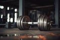 Dumbbells on the floor in a gym. 3d rendering, Metal dumbbells lying on the gym fitness club, AI Generated