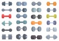 Dumbbells icons set cartoon . Exercise equipment