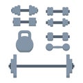 Dumbbells, kettlebell, barbell, gym equipment. Vector illustration in flat style on an isolated white background.