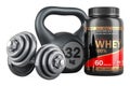 Dumbbells, Kettlebell and Whey Protein Powder Jar, 3D rendering