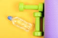 Dumbbells made of green plastic on purple and yellow background Royalty Free Stock Photo