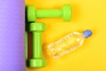 Dumbbells made of green plastic on purple and yellow background Royalty Free Stock Photo