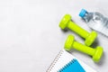 Dumbbells, notepad, water and apple top view. Royalty Free Stock Photo