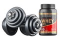 Dumbbells and Whey Protein Powder Jar. Sport nutrition, concept. 3D rendering