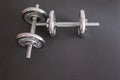 Dumbell on isolated black background, pair of silver dumbells