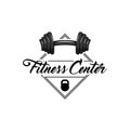 Dumbell, Kettlebell. Fitness center label, sport logo template. Sport badge. Vector.