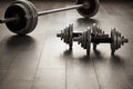 Dumbells for fitness on wooden floor Royalty Free Stock Photo