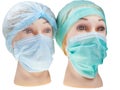 Dummy doctor heads wearing textile surgical cap and mask