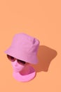 Dummy fashion stylish girl. Bucket hat and sunglases trends. Spring, summer seasons is coming concept. Minimal isometry design Royalty Free Stock Photo