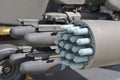 Dummy inert missiles and bombs mounted on the side rocket launchers of a combat helicopter