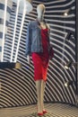 Dummy in a magnificent red dress in a show-window of shop