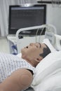 Dummy patient with testing equipment at a clinical skills training centre.