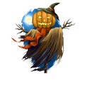 Dummy scarecrow with scary pumpkin instead of head, in witch`s hat and hands made of tree branches. Awful cartoon character symbo