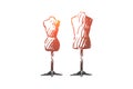 Dummy, sewing, fabric, textile, clothing concept. Hand drawn isolated vector.