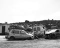 Dump cars. The concept of waste and recyclable materials processing. Black and white