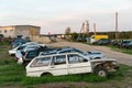 A dump of disassembled cars. Old cars for disassembly and repair. Close-up details of the auto accident field