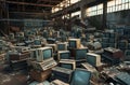 dump of old broken obsolete computer with displays or tv, pile of junk electronics, industrial concept