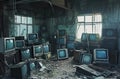 dump of old broken obsolete computer with displays or tv, pile of junk electronics, industrial concept
