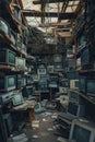 dump of old broken obsolete computer with displays or tv, pile of junk electronics, industrial concept