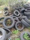 Dump of  old car tires on the outskirts of the city Royalty Free Stock Photo