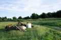 Dump of old technology in nature. Scrap metal. Royalty Free Stock Photo