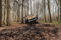 Dump truck car stuck in mud on road. Blurry mud bad road in the park. ÃÂ¢ruck dump car with sand stopped due to wet dirty on Royalty Free Stock Photo