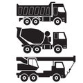 Dump truck. Concrete mixer truck. Truck crane. Black silhouette on white background. Construction Icon or sign set. Vector Illust Royalty Free Stock Photo