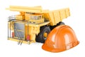 Dump truck with construction hardhat, 3D rendering