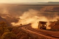 Dump truck drives through Ecoregion landscape on dirt road