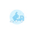 Dump truck dumps pile of sand or dirt flat vector icon. Filled line style. Blue monochrome design. Editable stroke