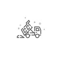 Dump truck dumps pile of sand simple vector line icon, symbol, pictogram, sign. Grey background. Editable stroke