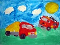 Dump truck and fire truck - painted by child Royalty Free Stock Photo