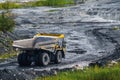 Dump truck in limestone mining, heavy machinery. Mining in the quarry