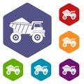 Dump truck with sand icons set