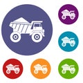 Dump truck with sand icons set