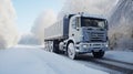 Dump truck on a snowy slippery road in a winter forest. Commercial vehicle in a remote northern location. Generative AI