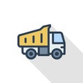 Dump truck thin line flat color icon. Linear vector symbol. Colorful long shadow design.