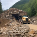 Dump truck unloads construction debris, stones, concrete,