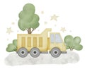 Dump Truck Watercolor illustration. Hand drawn clip art of a Lorry on isolated background. Tipper baby toy for a game