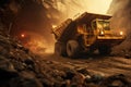 Dump truck working in a coal mine. Mining industry concept, mining gold in space, AI Generated