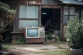 Dumped old tv set is on walkway near dilapidated house