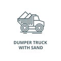 Dumper truck with sand line icon, vector. Dumper truck with sand outline sign, concept symbol, flat illustration
