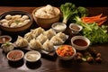 dumpling filling ingredients arranged on table