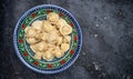 dumpling uzbek cuisine. Uzbek food Manti or dumplings. Homemade Uzbek dish. Long banner format. top view Royalty Free Stock Photo