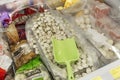 Dumplings in assortment in the refrigerator in the store. Close-up