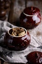 Dumplings baked in pots. Traditional Russian dish..style rustic
