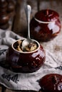 Dumplings baked in pots. Traditional Russian dish..style rustic