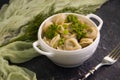 Dumplings, dill rustic on concrete background homemade cuisine Royalty Free Stock Photo