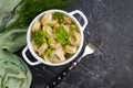 Dumplings, dill rustic gourmet  on concrete background homemade cuisine Royalty Free Stock Photo