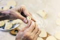 Dumplings. Dough with cabbage filling on the cook`s hands Royalty Free Stock Photo